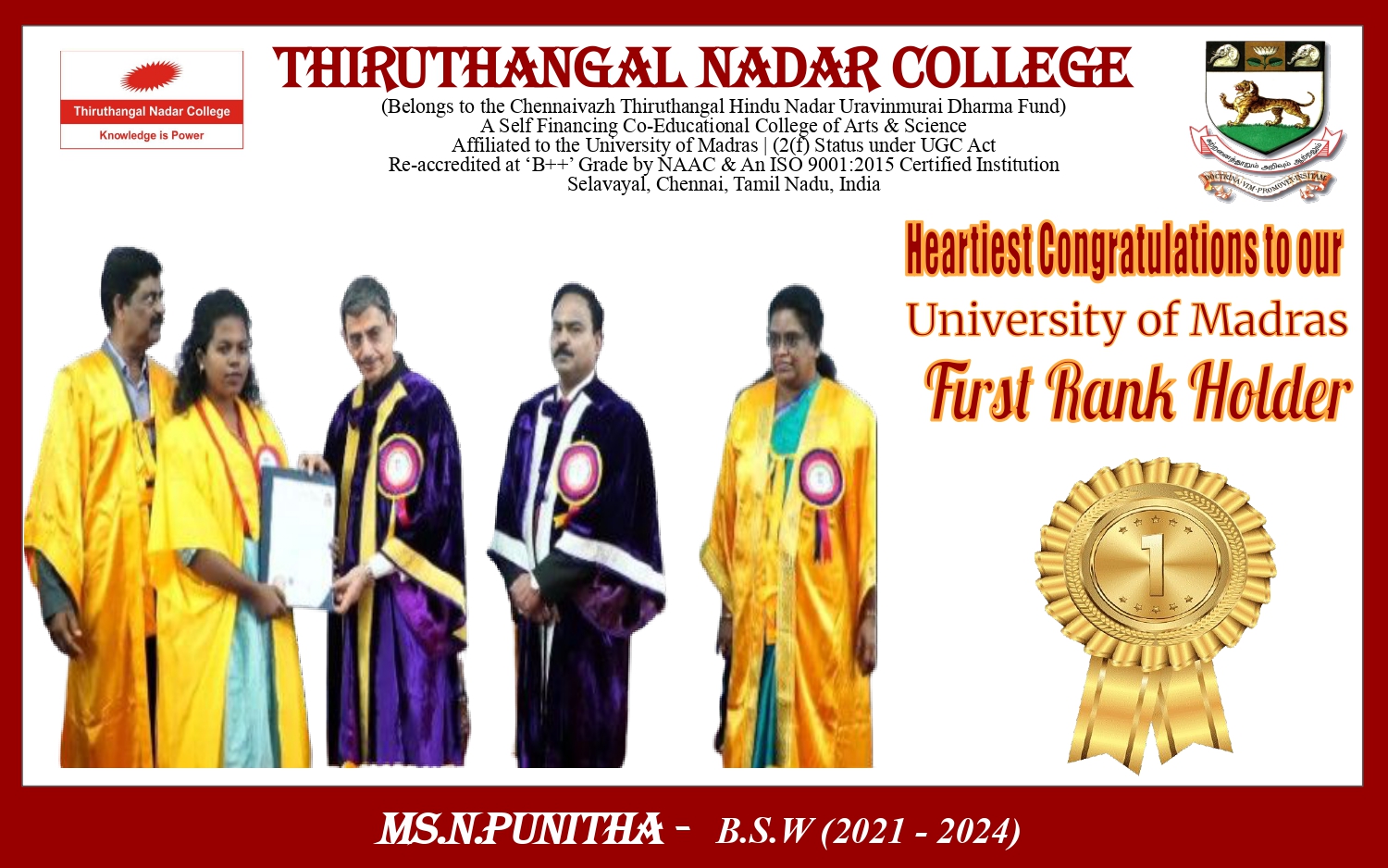 Ms.N.Punitha - B.S.W (2021 - 2024) - University First Rank Holder