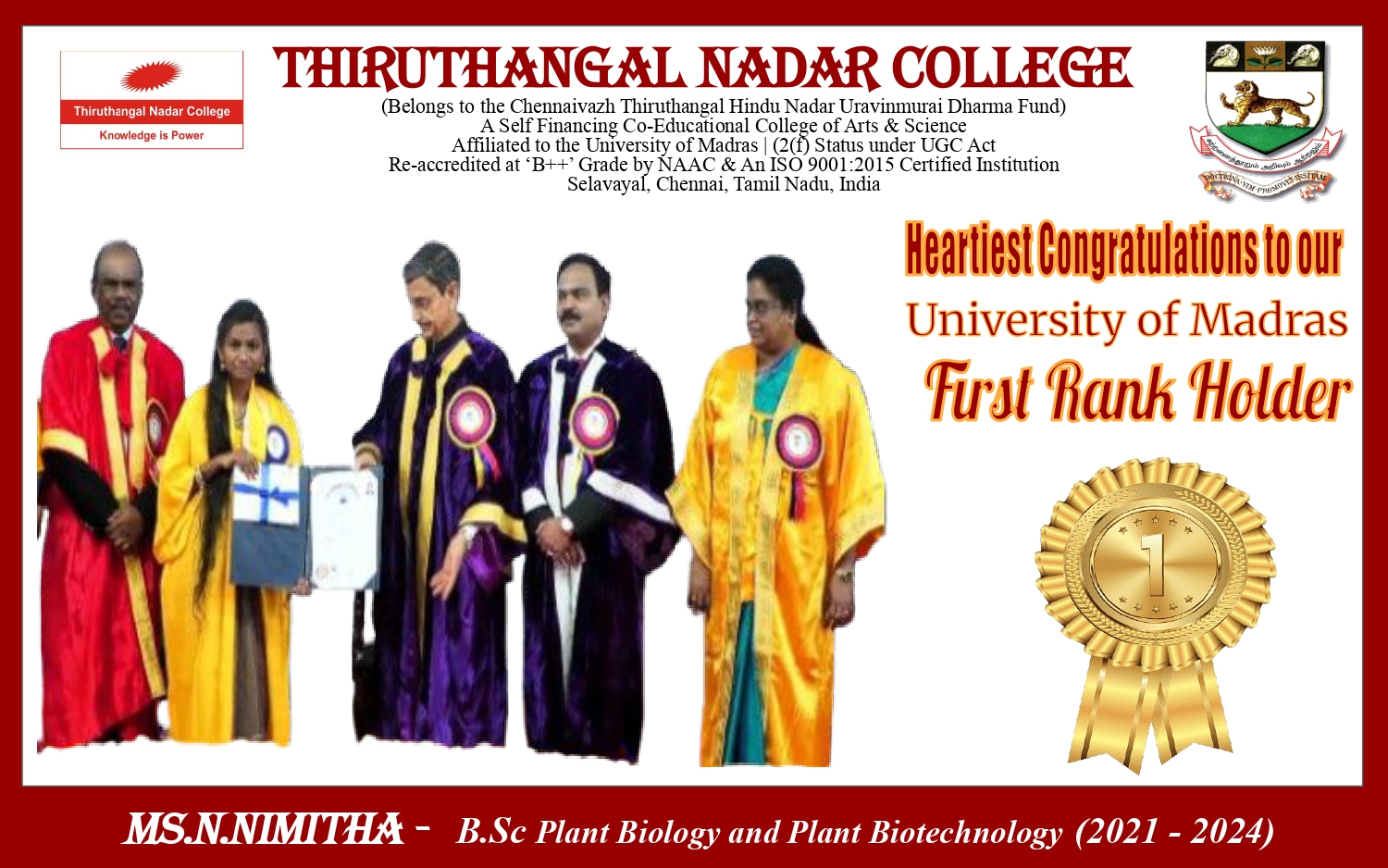 Ms.N.Nimitha - B.Sc Plant Biology and Plant Biotechnology (2021 - 2024) - University First Rank Holder